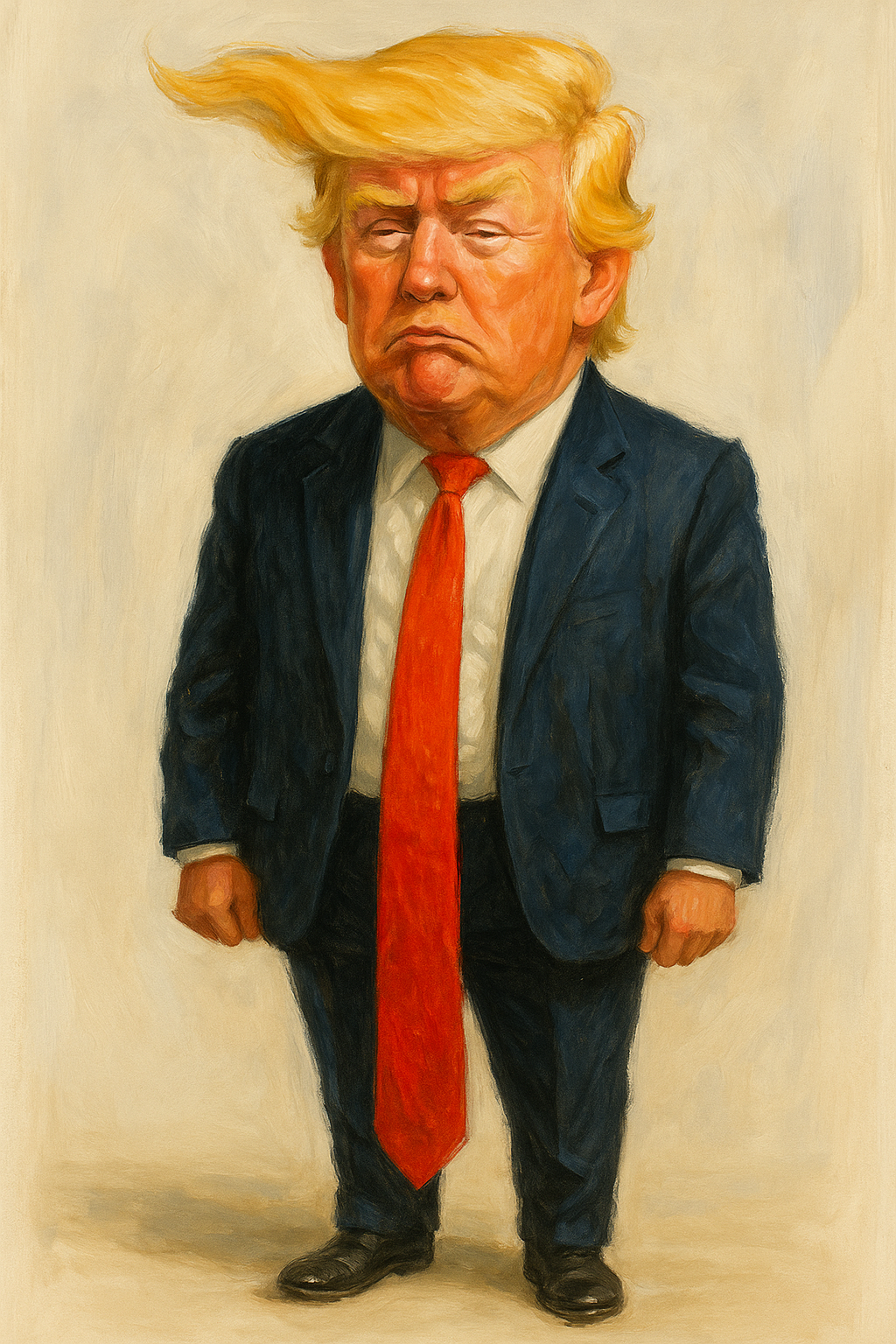 Painterly cartoon PNG: dark suit, ridiculous blond hair swoop, stupidly long red tie